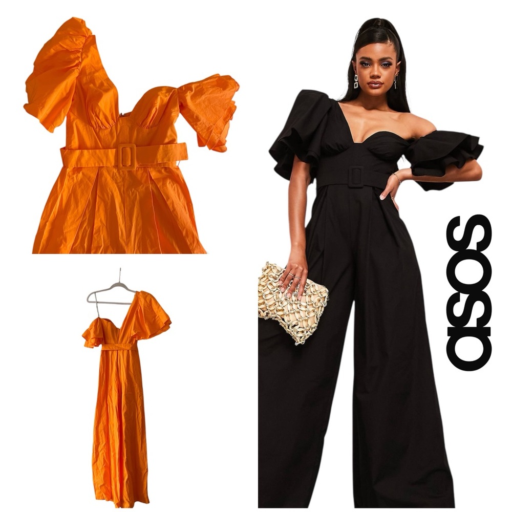 NWT ASOS Luxe Bright Orange One Shoulder Wide Leg Belted Jumpsuit - Women’s Sz 4